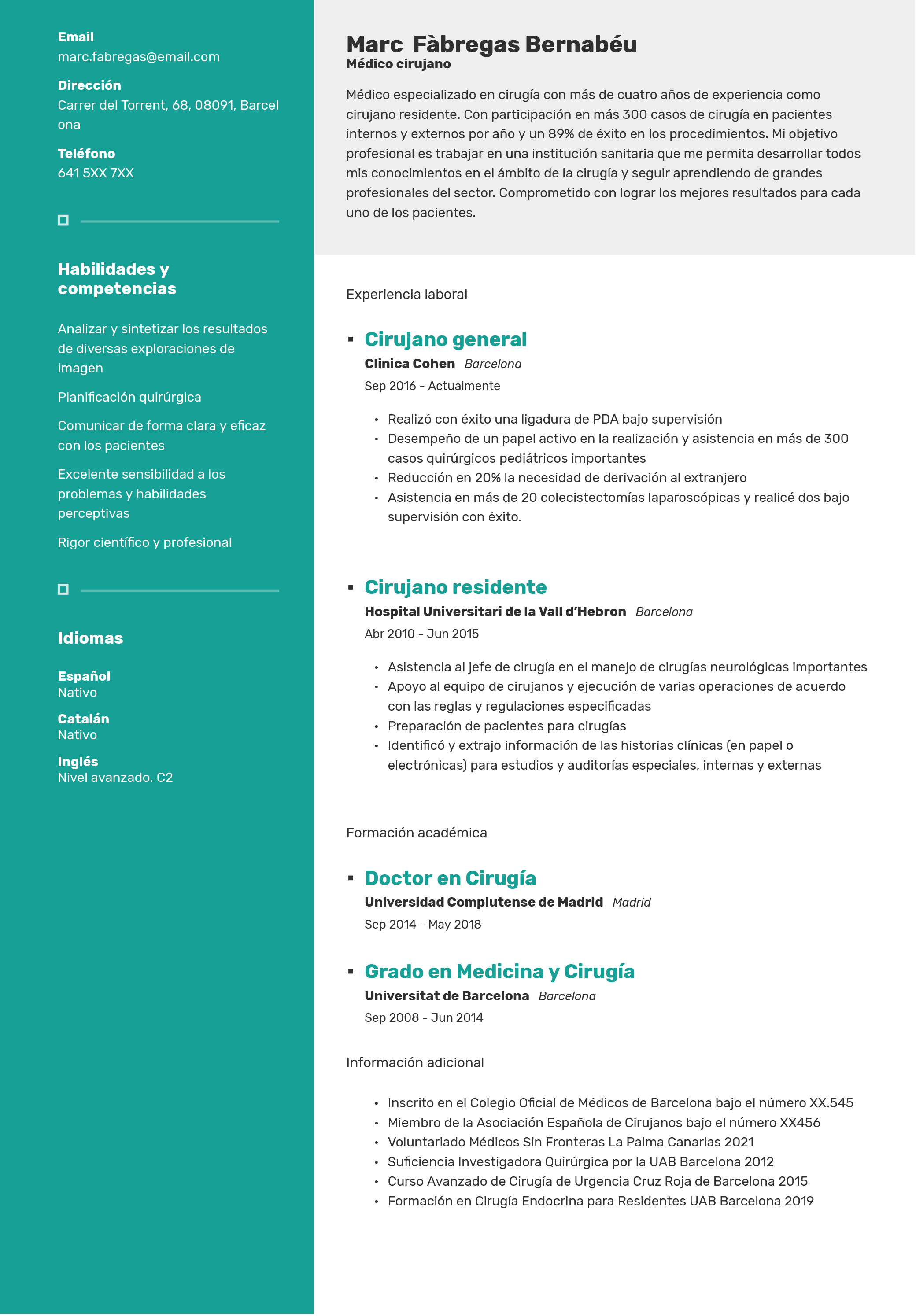 Modelo De Curriculum Vitae Para Cirujano Onlinecv