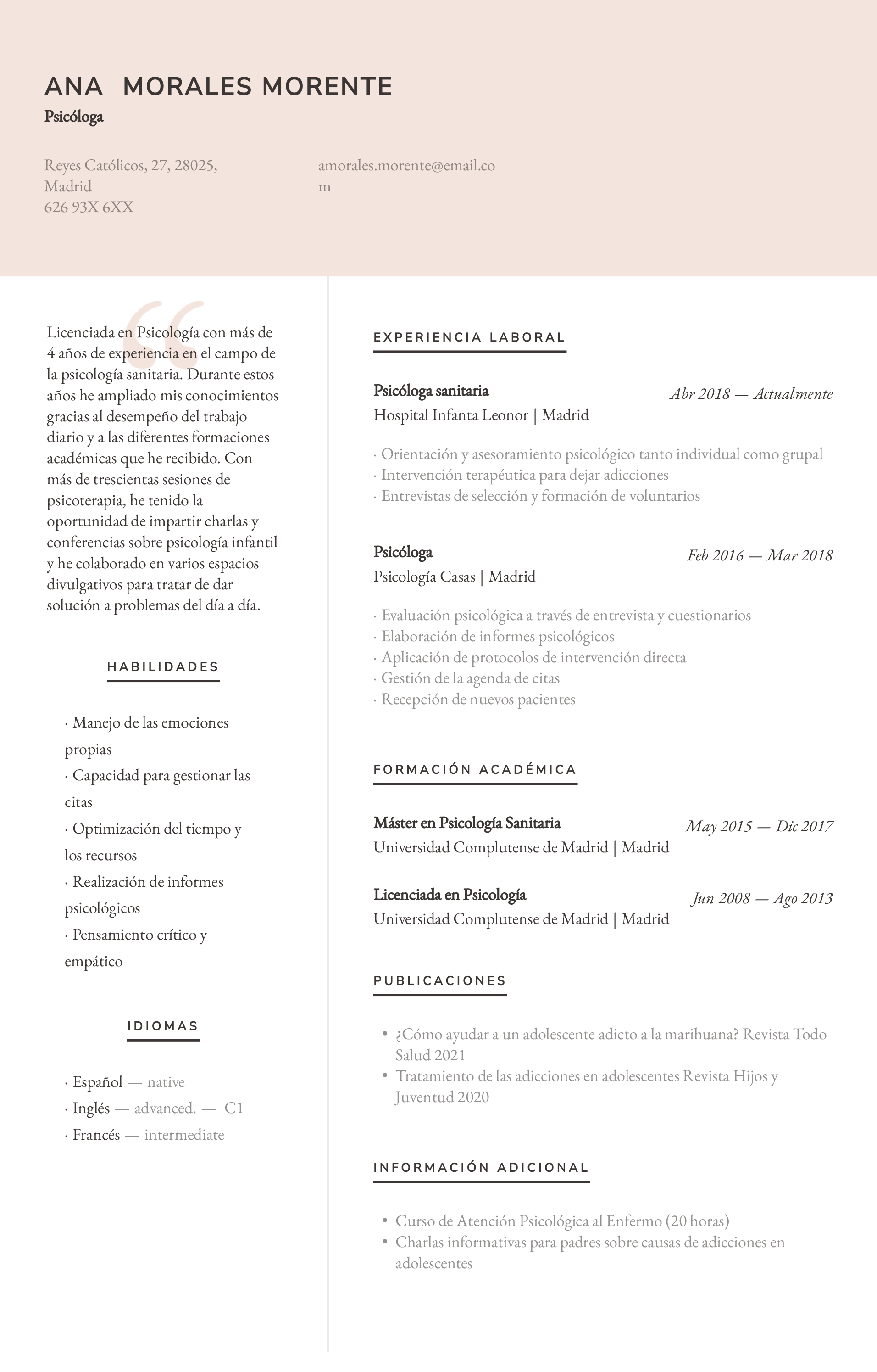 Curriculum vitae para psicólogo OnlineCV