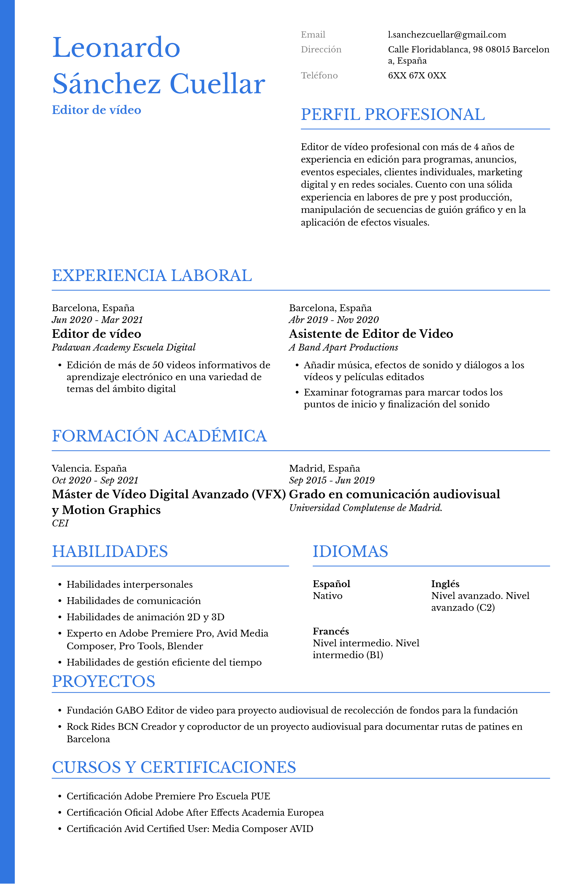 Modelo de curriculum vitae para editor de vídeo | OnlineCV