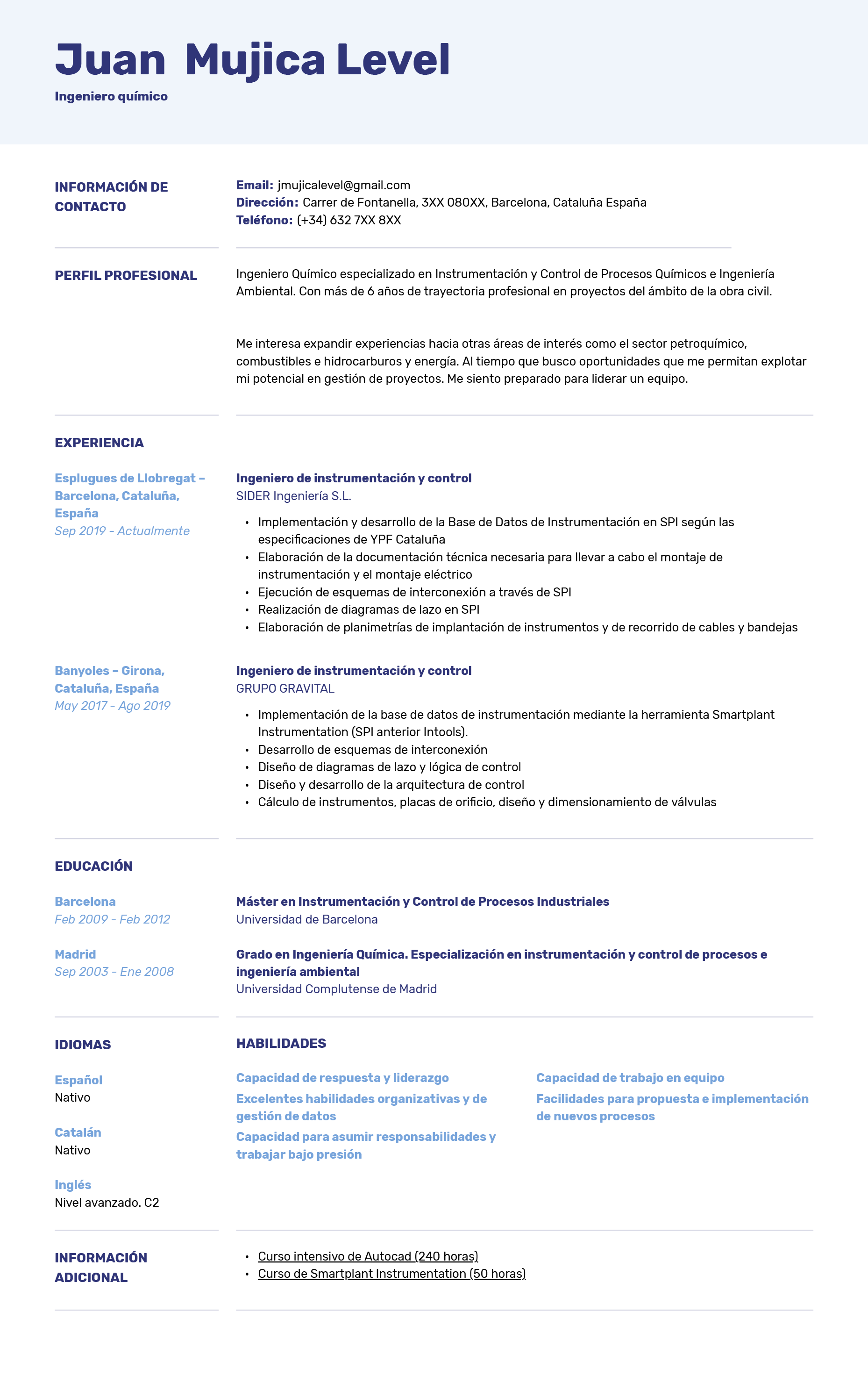 Modelo De Curriculum Vitae Para Ingeniero Químico Onlinecv 1096