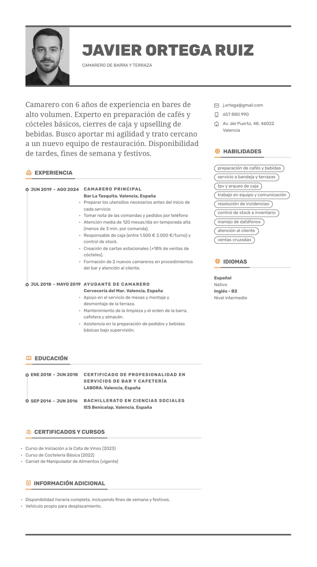 CV de camarero con experiencia bar y terraza
