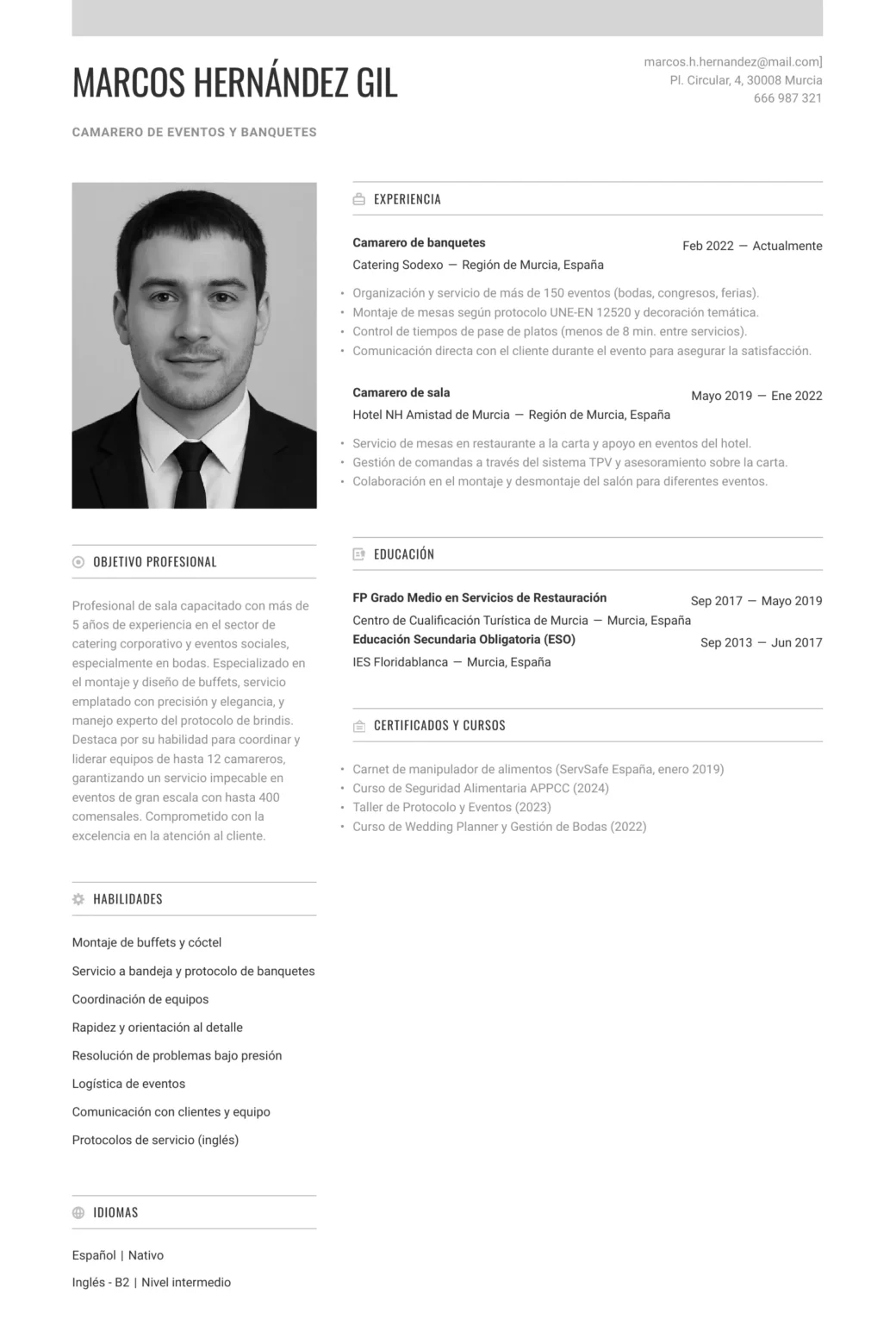 CV de camarero de eventos