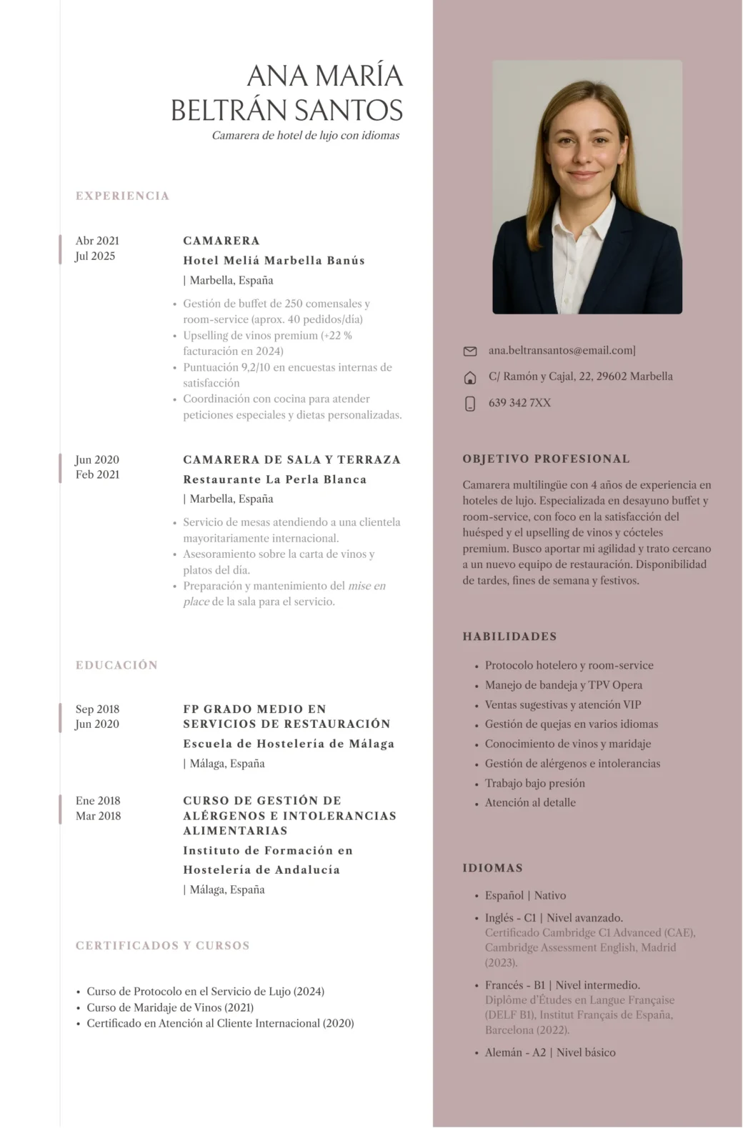 CV para camarera con idiomas