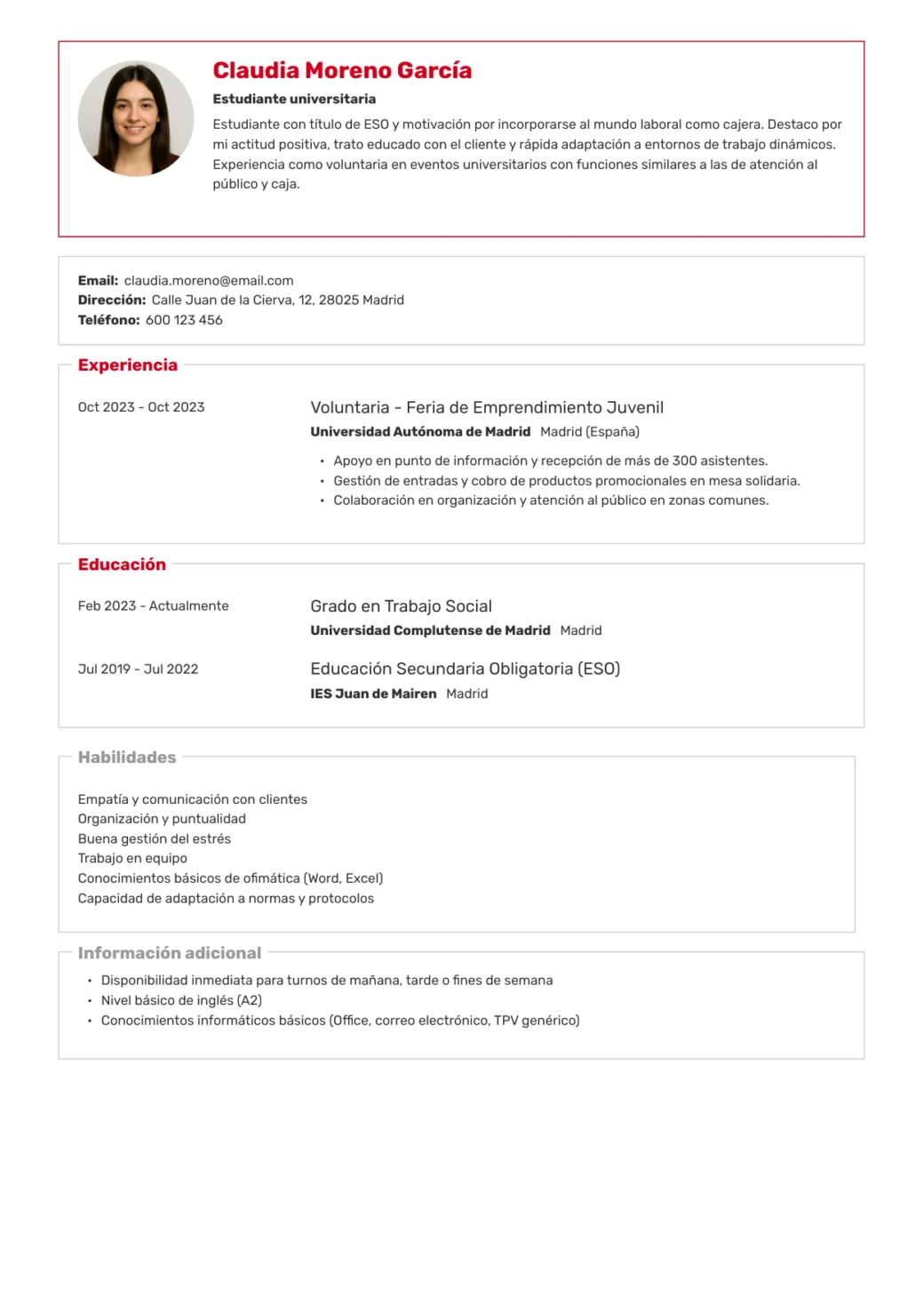 CV Cajero Sin experiencia estudiante