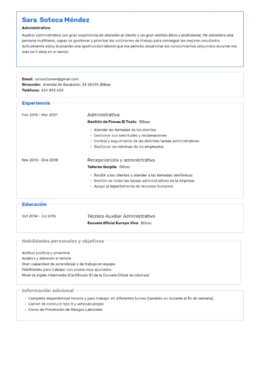 ejemplo de currículum para administrativo