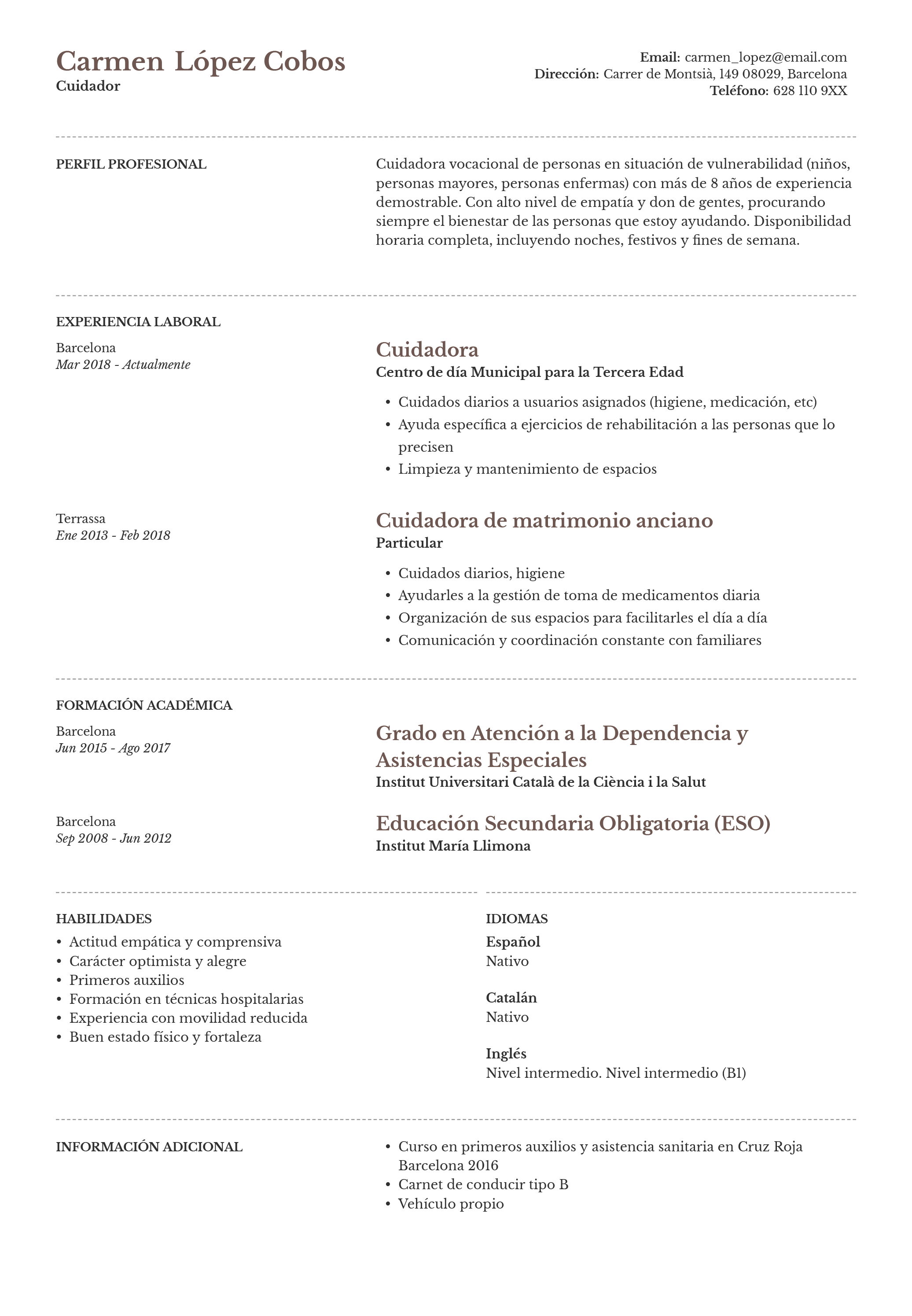 Modelo De Curriculum Vitae Para Cuidador Onlinecv 3511