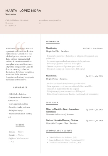curriculum vitae de nutricionista