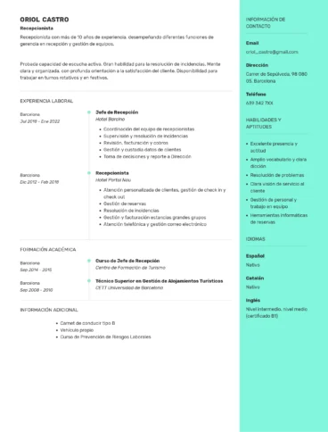 curriculum de recepcionista
