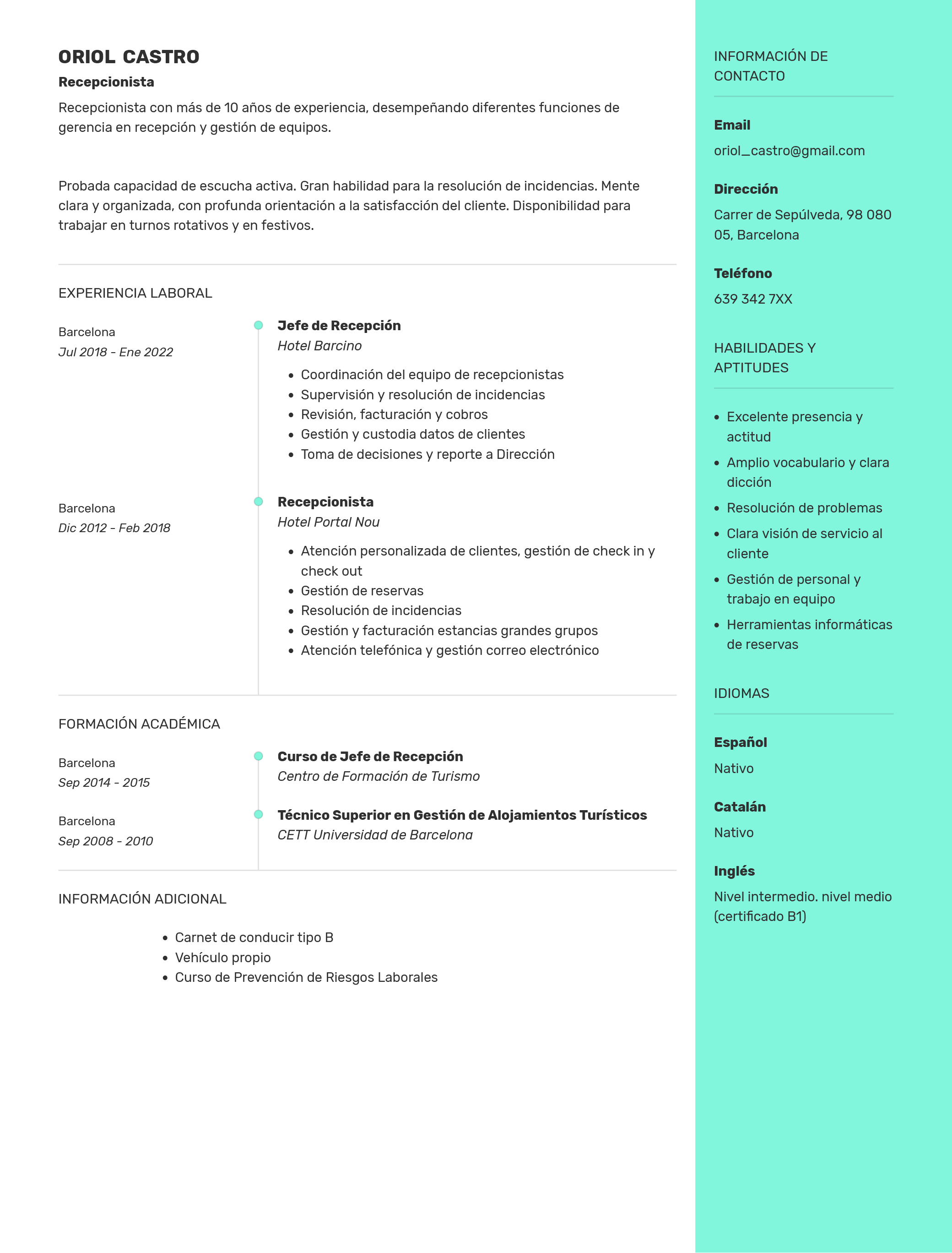 Modelo De Curriculum Vitae Para Recepcionista Onlinecv 7744