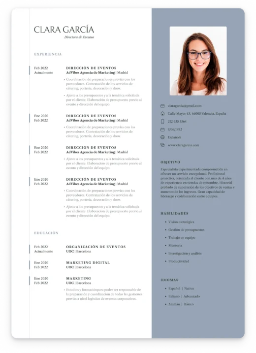Plantilla de currículum profesional para perfiles senior con diseño elegante y espacio destacado para la foto del candidato