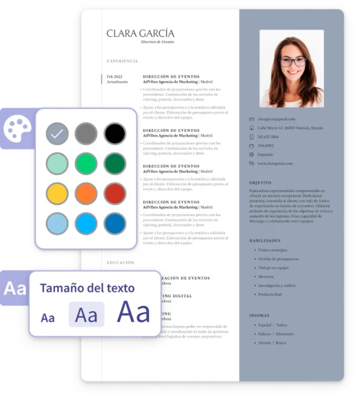 Editor de CV de OnlineCV con selección de habilidades clave y personalización visual con IA