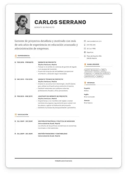 Plantilla de currículum moderna y minimalista con diseño profesional ideal para administrativos