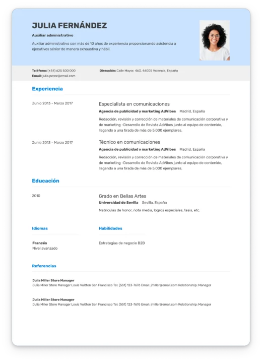 Plantilla de currículum profesional con fondo de color y diseño moderno para destacar el perfil del candidato