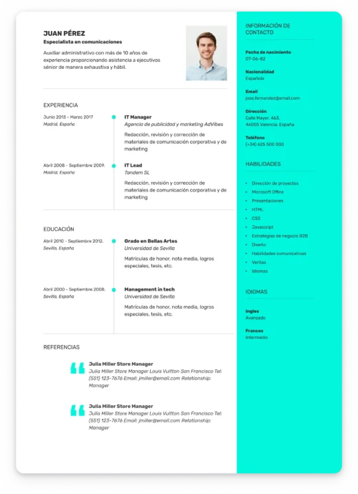 Plantilla de currículum moderna y colorida ideal para universitarios o perfiles sin experiencia laboral