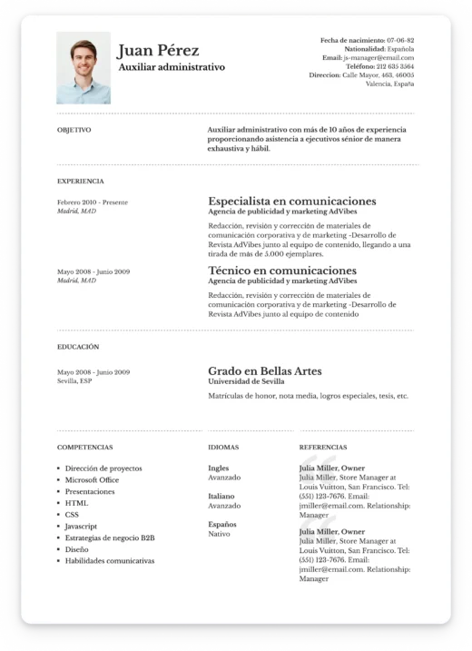 Plantilla de currículum en una sola página ideal para médicos, enfermeros y administrativos