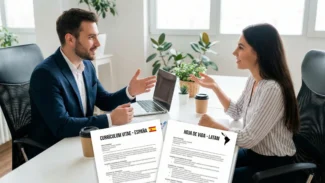 Un hombre y una mujer sentados frente a frente en un escritorio, conversando, con dos currículum de España y Latam visibles en primer plano.