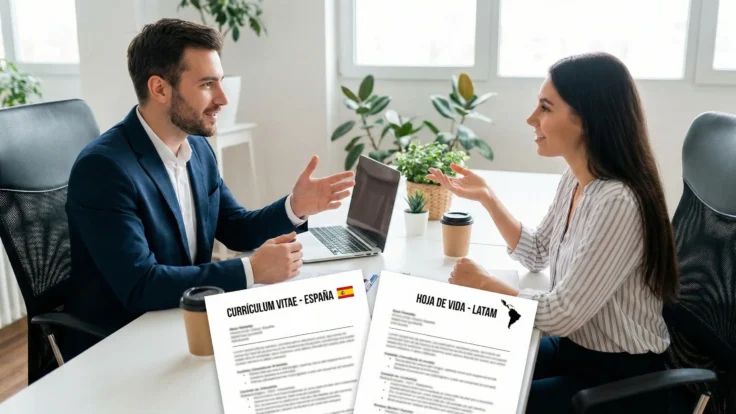 Un hombre y una mujer sentados frente a frente en un escritorio, conversando, con dos currículum de España y Latam visibles en primer plano.