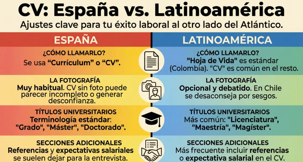 Infografía que compara los requisitos del CV en España y Latinoamérica, destacando las diferencias en terminología, uso de fotos, términos de titulación y mención de las expectativas salariales.