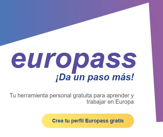 Página de inicio del sitio web de Europass en español, en la que se destaca el botón amarillo "Crea tu perfil Europass gratis" para crear un perfil Europass gratuito.