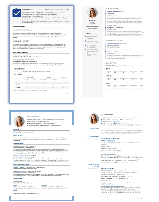 Cuatro plantillas de CV Europass con su foto, experiencia laboral, educación, datos de contacto y conocimientos de idiomas.