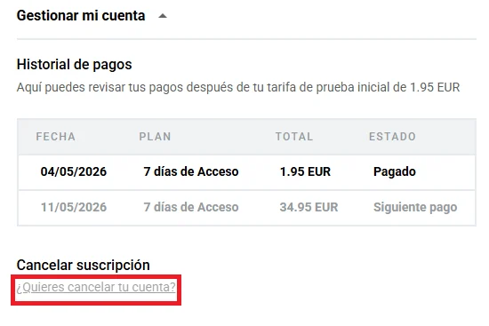 Sección cancelar suscripción OnlineCV