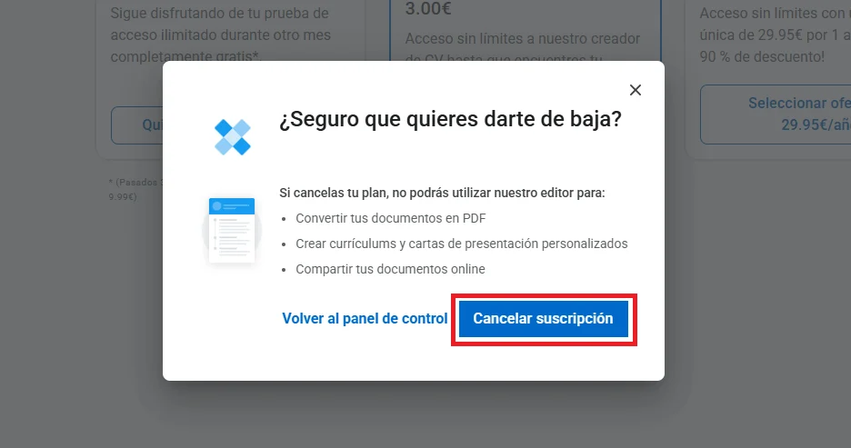 Ventana emergente preguntando si el usuario desea cancelar su suscripción, con un botón azul "Cancelar suscripción" resaltado en rojo.