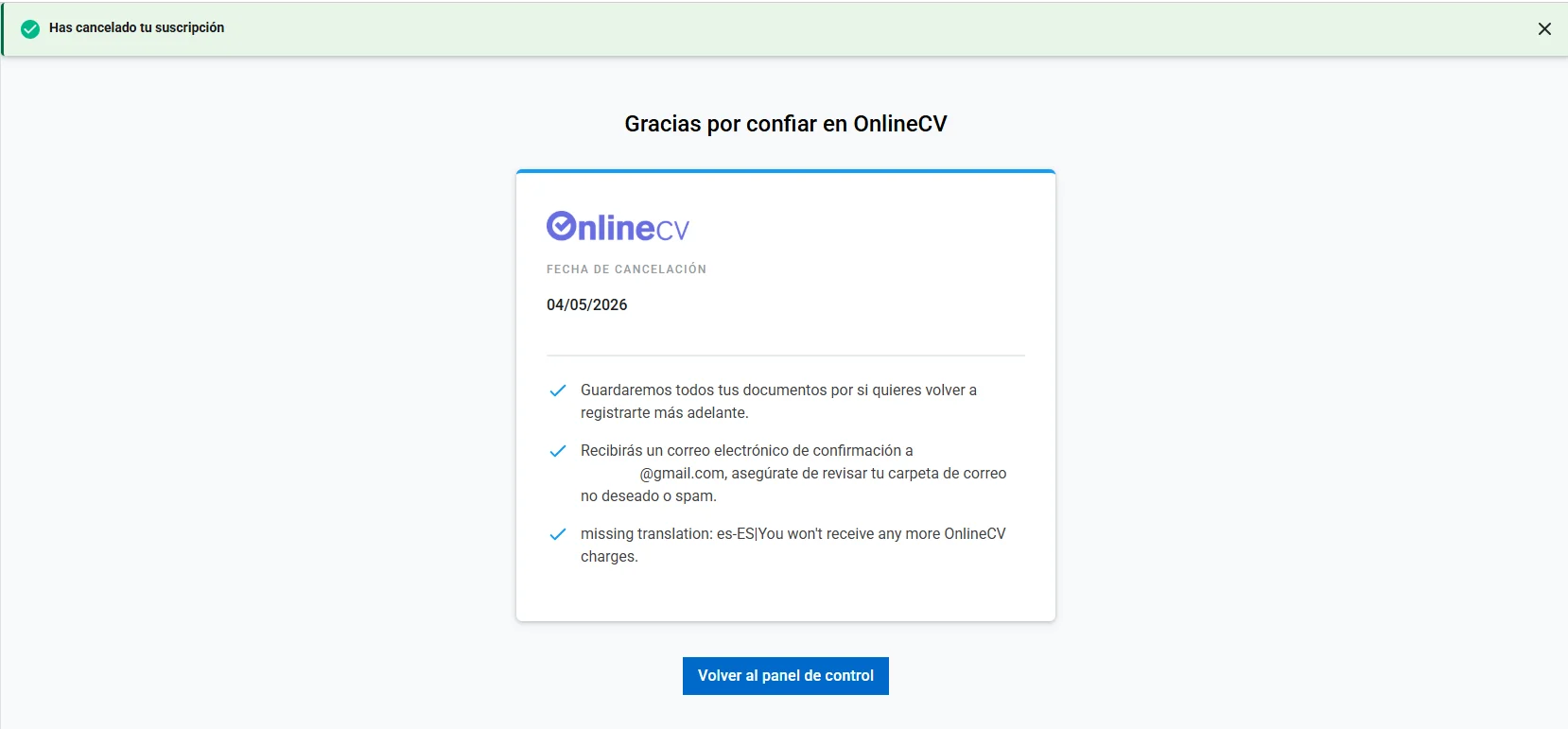 Mensaje de confirmación de OnlineCV mostrando la cancelación de la suscripción,