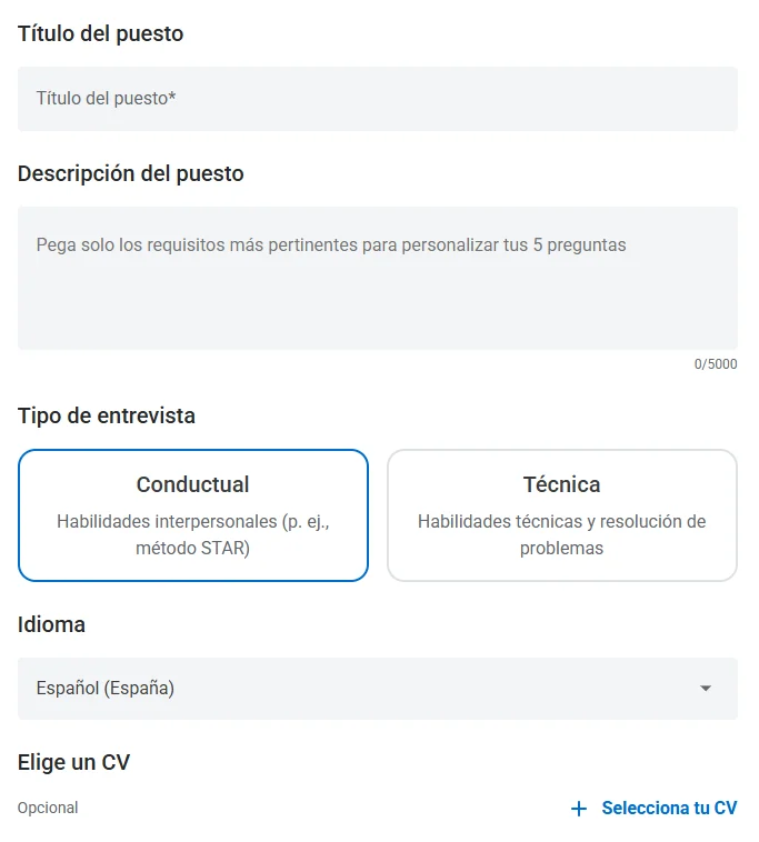 Herramienta de simulador de entrevista pasa 1: describe el puesto de trabajo
