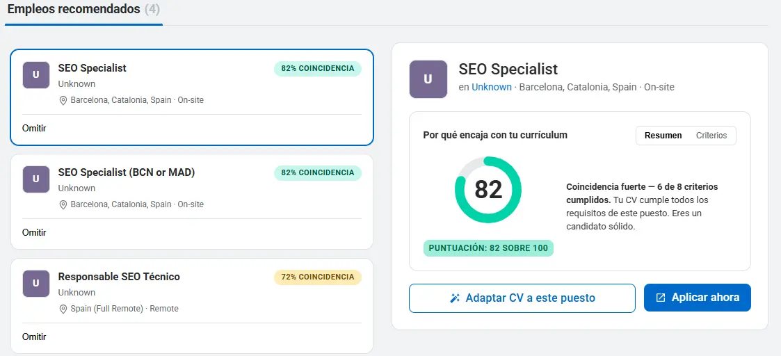 Herramienta job-match de onlinecv mostrando empleos recomendados